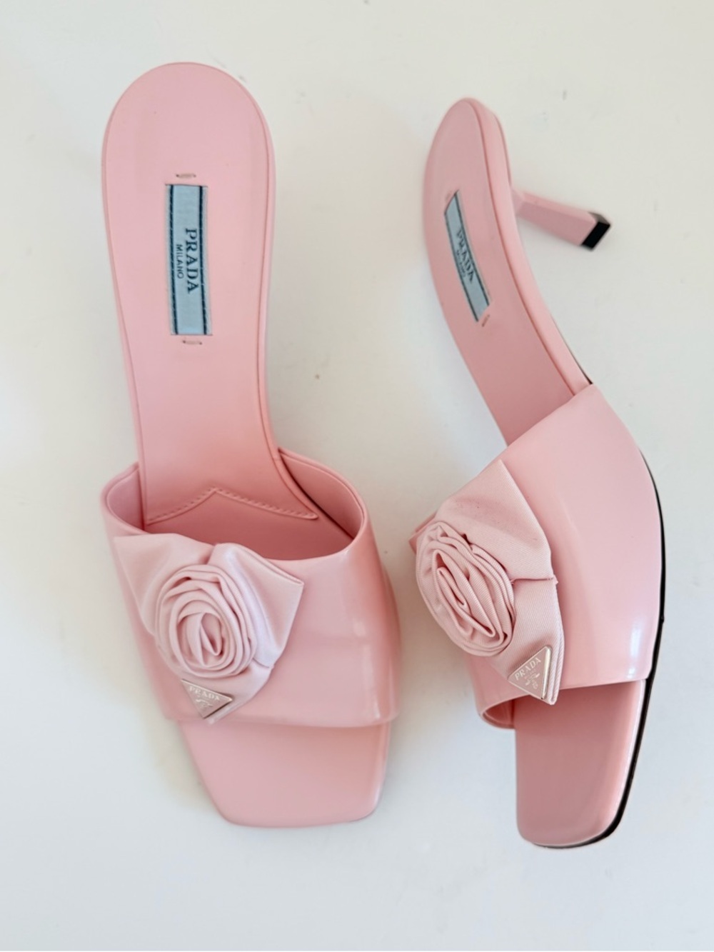 Prada Pink Rosette Triangle logo Square Toe slide Mule kitten Heels EU 39 US 9